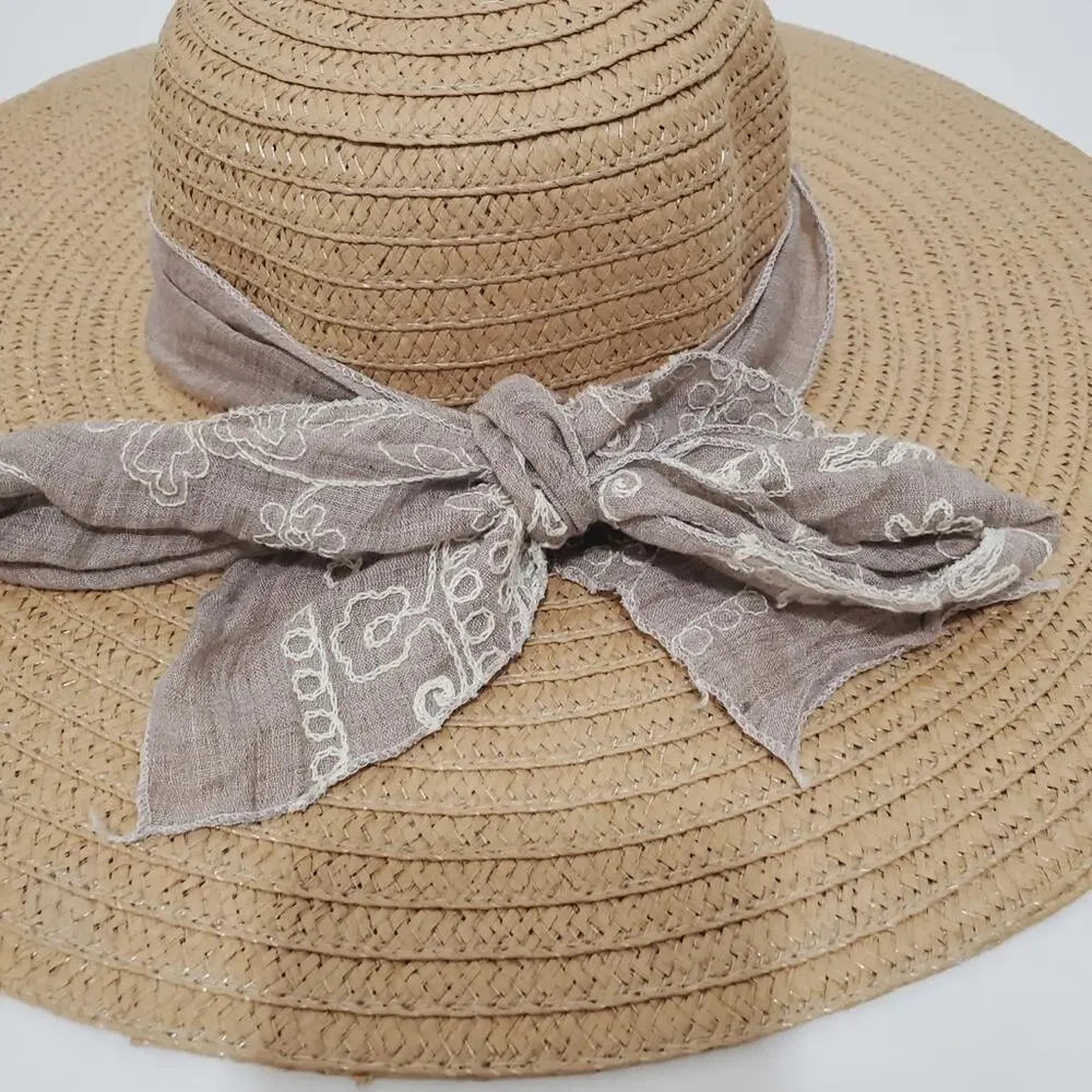 Floppy Brim Straw Paper Hat with Fabric Sash Tie Bow
